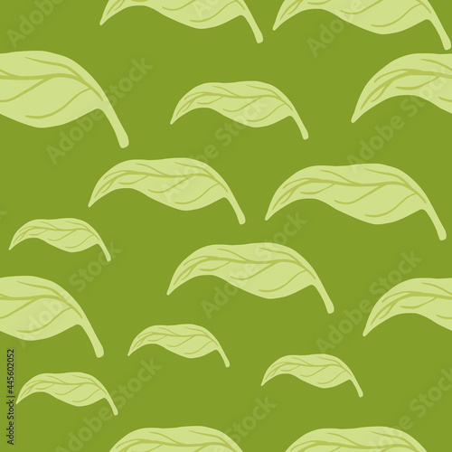 Natural random seamless pattern with doodle leaf mandarins silhouettes. Green colored artwork.