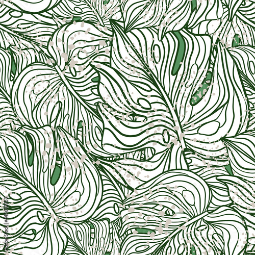 Seamless pattern with doodle outline monstera leaves ornament. White foliage palm elements. Nature print.