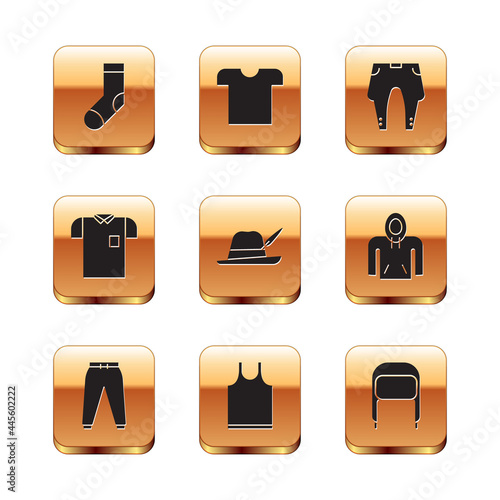 Set Socks, Sport pants, Sleeveless T-shirt, Oktoberfest hat, Polo, Pants, Winter with ear flaps and icon. Vector