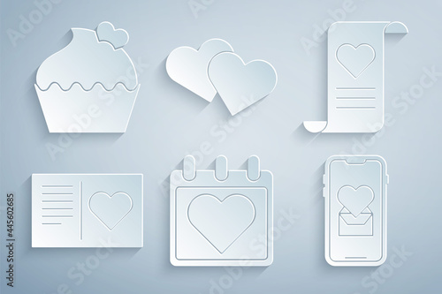 Set Calendar with heart, Envelope Valentine, Valentines day flyer, Mobile, Heart and Wedding cake icon. Vector