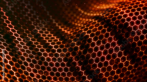 Abstract wave of connected hexagons. Futuristic polygonal background. Artificial intelligence. Big data technology. 3d rendering