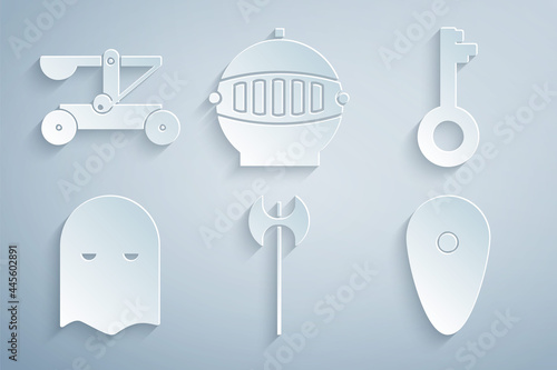 Set Medieval axe, Old key, Executioner mask, Shield, iron helmet and Catapult shooting stones icon. Vector
