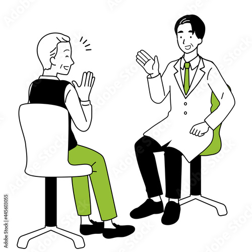 Illustrations of seniors going to the hospital, facial expressions smiling.