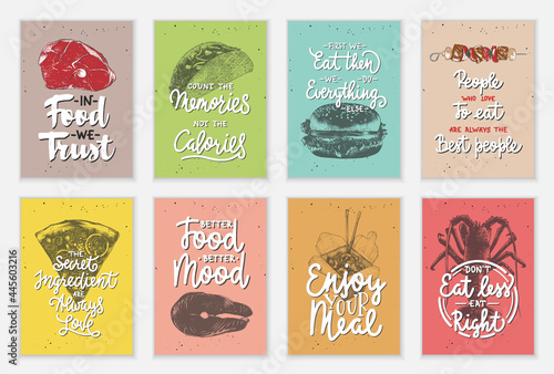 Set of 8 advertising barbecue, meat, fish, seafood, food and eating lettering posters, decoration, prints, cafe or kitchen interior design. Hand drawn typography with sketches. Mono line calligraphy.