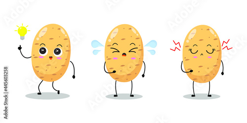 Vector illustration of potato character with various cute expression, funny, lovely potato isolated on white background, simple minimal style, vegetable for mascot collection, emoticon, icon