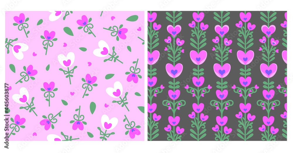 Set with two seamless floral patterns. Pink and grey background with branches and flower hearts. Set with two seamless floral patterns. Pink and grey background with branches and flower hearts.