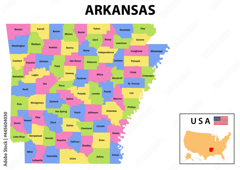 Arkansas Map. State and district map of Arkansas. Administrative and political map of Arkansas