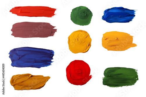 Acrylic or oil hand painting matte brush stroke blot spot shape set. Gouache splash or scribble artistic pallet. Background banner, border or frame flashy texture design element on white