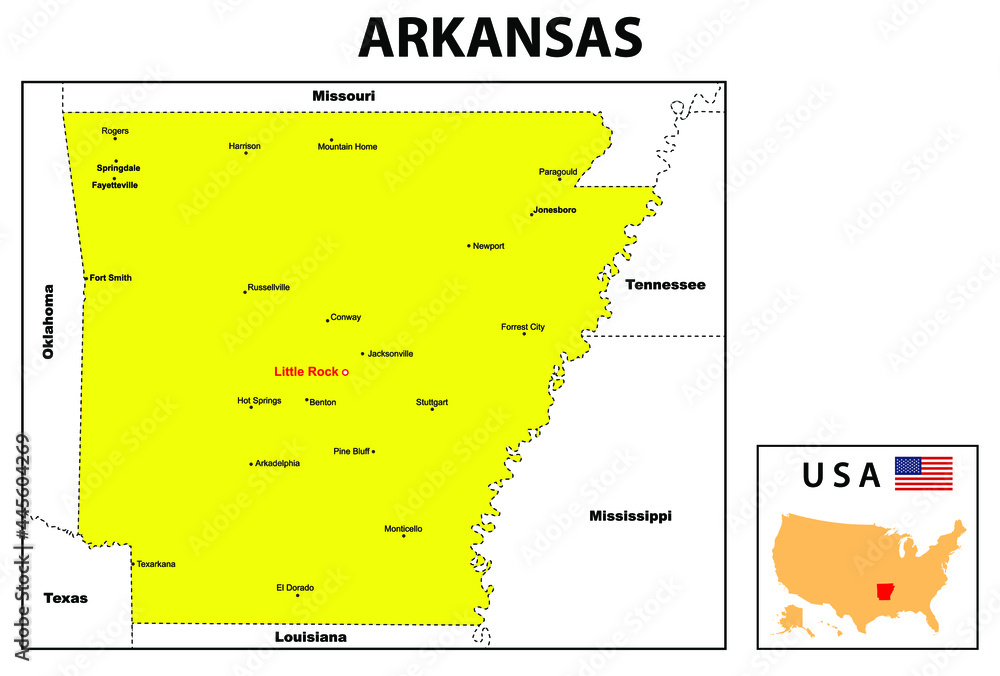 Arkansas Map. State and district map of Arkansas. Administrative and