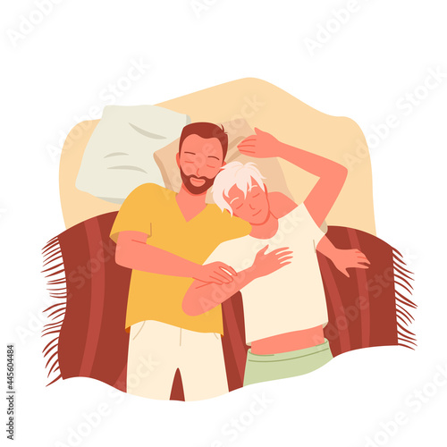 Gay couple people sleep together at night vector illustration. Cartoon happy homosexual lover characters wearing pajamas, sleeping on pillows in bed, home bedroom top view isolated on white