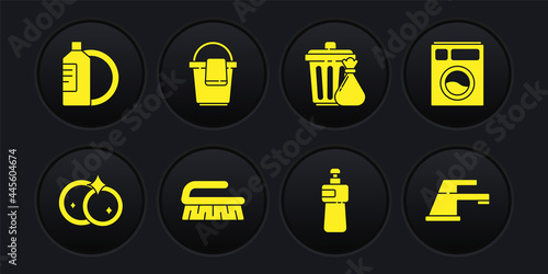 Set Washing dishes, Washer, Brush for cleaning, Dishwashing liquid bottle, Trash can and garbage bag, Bucket with rag, Water tap and plate icon. Vector