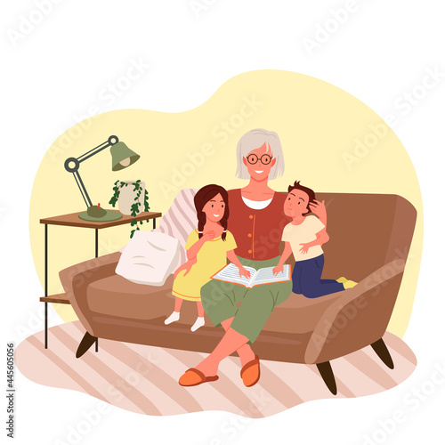 Grandmother reading book to children, happy family time vector illustration. Cartoon grandma and girl boy child sitting on sofa couch in living room interior to read fun story book isolated on white