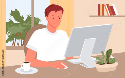 Young worker man working at computer in home interior by window vector illustration. Cartoon employee character sitting at workplace with coffee cup, freelance businessman making career background