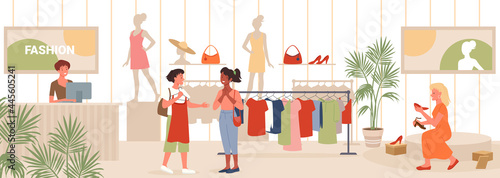Seasonal sales in fashion retail store vector illustration. Cartoon happy young woman consumer character trying on shoes, girls standing near rack with clothes to choose and buy dress background