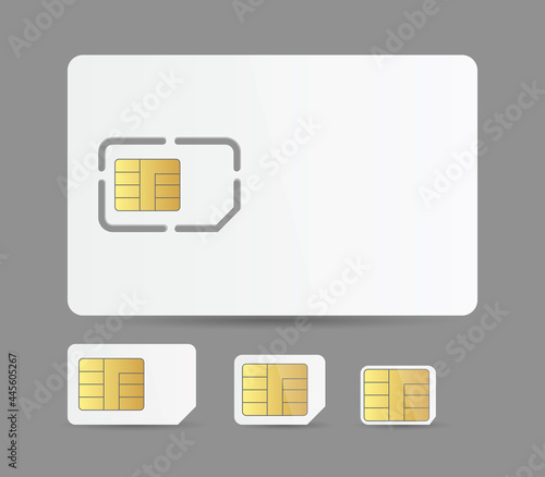 Phone sim card vector illustration set. Realistic white simcards for mobile telephone smartphone collection with cellular gold micro chips for cellphone contact connection, wireless gsm technology
