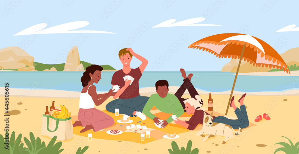 Friends people on beach picnic in summer sea shore landscape vector illustration. Cartoon characters playing card game, lying on blanket under beach umbrella with pet dog, seashore scenery background