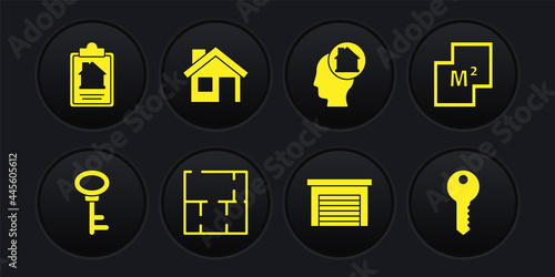Set House key, plan, Garage, Man dreaming about buying house, and contract icon. Vector