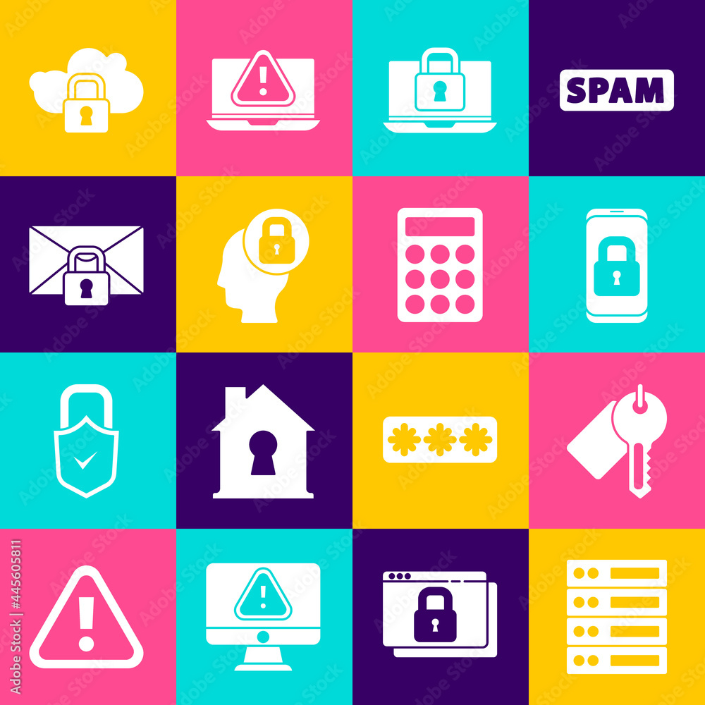 Set Server, Data, Web Hosting, Marked key, Mobile with closed padlock, Laptop and, Human head, Mail message password, Cloud computing and Password protection icon. Vector Set Server, Data, Web Hosting, Marked key, Mobile with closed padlock, Laptop and, Human head, Mail message password, Cloud computing and Password protection icon. Vector
