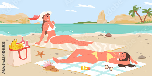 Girls friends in bikini sunbathing together, tropical beach sea summer vacation vector illustration. Cartoon young happy woman characters sunbathe and relax, lying on blanket on beach sand background