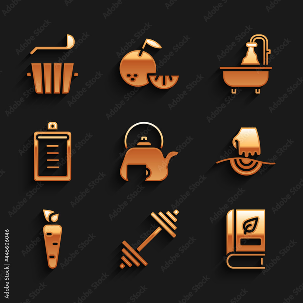 Set Teapot with cup, Dumbbell, Medical book, Massage, Carrot, Clipboard checklist, Bathtub and Sauna bucket and ladle icon. Vector Set Teapot with cup, Dumbbell, Medical book, Massage, Carrot, Clipboard checklist, Bathtub and Sauna bucket and ladle icon. Vector