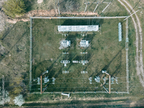 Aerial view from drone of power plant with transformers