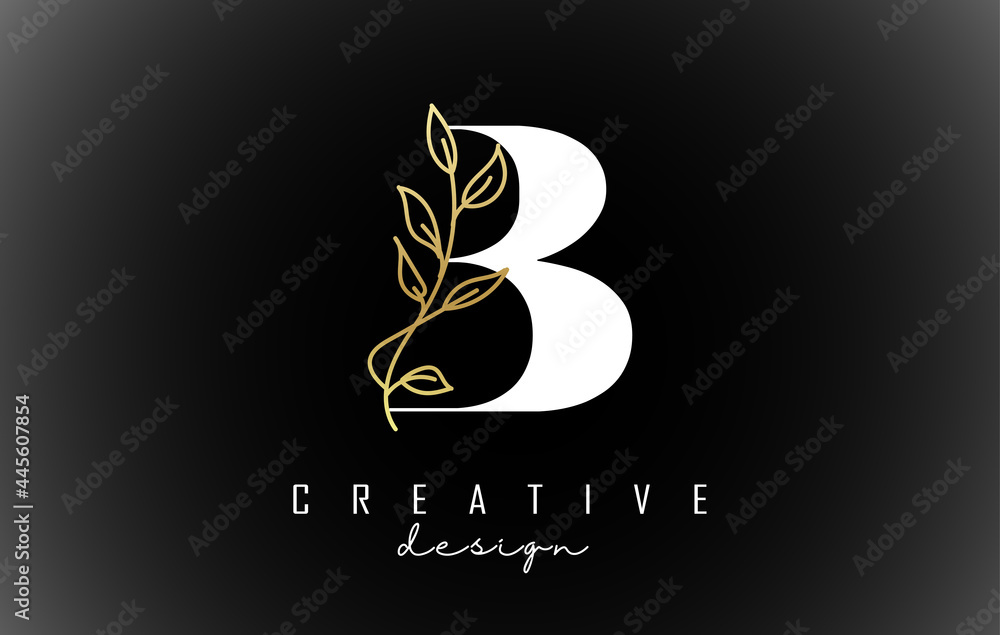 White B letter logo design with golden leaves branch vector illustration. White B letter logo design with golden leaves branch vector illustration.
