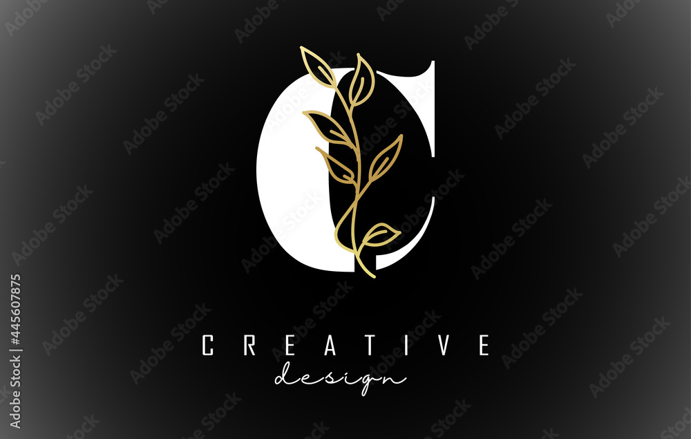 White C letter logo design with golden leaves branch vector illustration. White C letter logo design with golden leaves branch vector illustration.