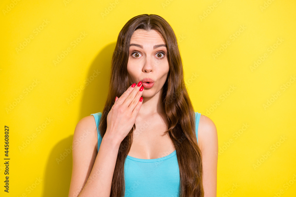 Portrait of attractive amazed cheerful girl sudden news pout lips isolated over bright yellow color background Portrait of attractive amazed cheerful girl sudden news pout lips isolated over bright yellow color background