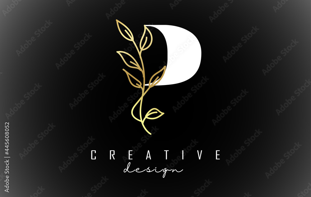 White P letter logo design with golden leaves branch vector illustration. White P letter logo design with golden leaves branch vector illustration.