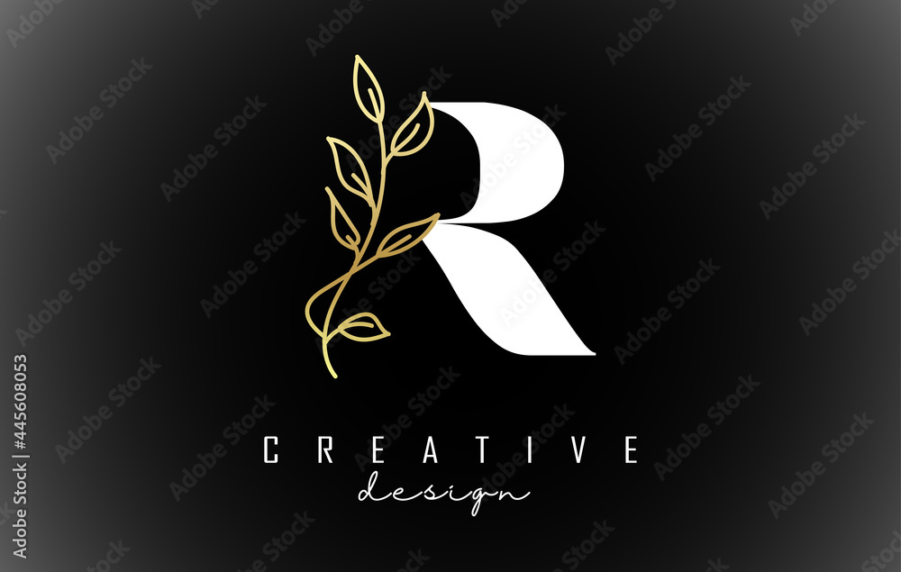 White R letter logo design with golden leaves branch vector illustration. White R letter logo design with golden leaves branch vector illustration.