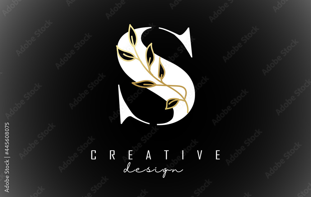 Fototapeta premium White S letter logo design with golden leaves branch vector illustration.