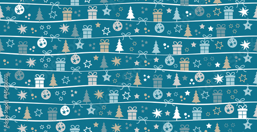 Weihnachten Muster mit Tannenbaum, Geschenke, Sterne, Schleifen, Christbaumkugeln und Wellen Linien, Zeitloses Vektor Design