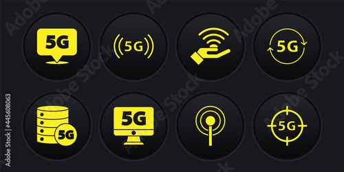 Set Server 5G network, Monitor with, Antenna, and Location icon. Vector