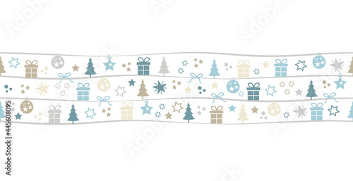 Weihnachten Muster Bordüre  aus Tannenbaum, Geschenk, Stern, Schneeflocke, Weihnachtskugel in blau, grau, gold und weiß, zeitloses Vektor Design in Wellen