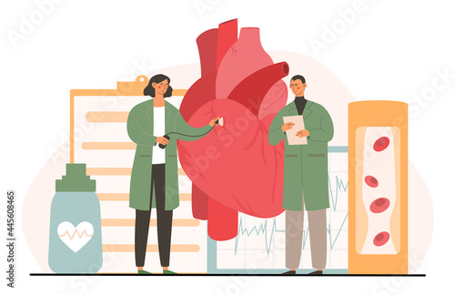 Atherosclerosis concept. Doctors check the patient heart and blood vessels. Elevated cholesterol levels in the blood. Blockage of blood vessels. Cartoon flat vector illustration on a white background
