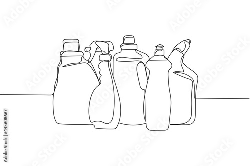 Continuous one line of detergent bottles in silhouette on a white background. Linear stylized.Minimalist.