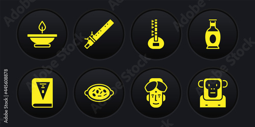 Set India constitution day, Indian vase, Kheer in bowl, man, Sitar, Bamboo flute indian, Monkey and Aroma lamp icon. Vector