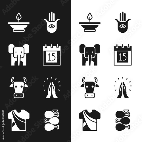 Set Independence day India, Elephant, Aroma lamp, Hamsa hand, Cow, Hands in praying position, Tandoori chicken and Indian man dress icon. Vector