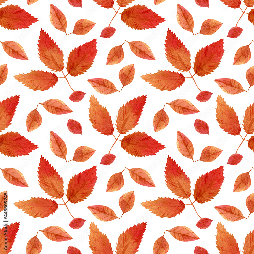 Seamless fall leaves pattern. Warm background with watercolor leaves in red, brown and yellow colors for autumn decor, fabric, souvenirs