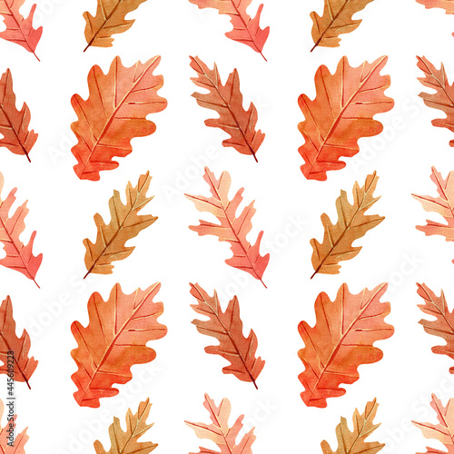 Seamless owl leaves pattern. Watercolor background with yellow, orange and brown oak leaf for fall decor and textile