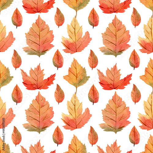Seamless maple leaves pattern. Watercolor autumn background with red, brown, green, yellow fall leaves for thanksgiving day decor and textile