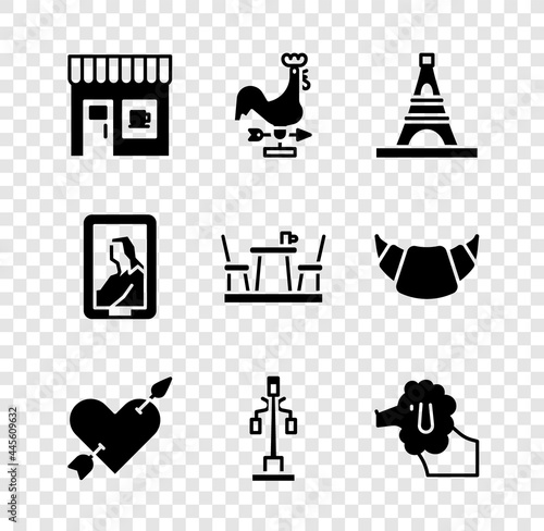 Set Coffee shop, Rooster weather vane, Eiffel tower, Amour with heart and arrow, Street light, Poodle dog, Portrait in museum and French cafe icon. Vector