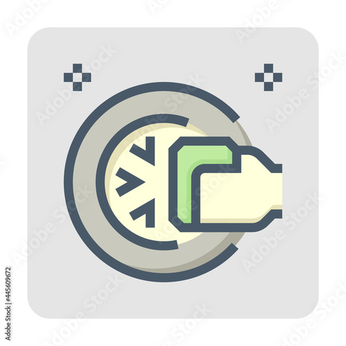 Alloy wheel and tire cleaning vector icon. That car care or detailing service by hand worker, cleaner, sponge. To washing, repair, refurbishment and maintenance by polish, waxing for shine. 48x48 px.
