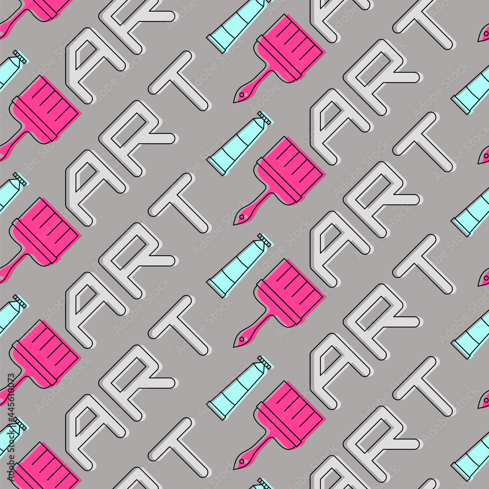 Bright graphic seamless pattern with brush, tube of paint and the word art. Vector illustration for creative and educational projects. Bright graphic seamless pattern with brush, tube of paint and the word art. Vector illustration for creative and educational projects.