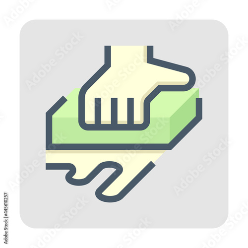 Car wash or carwash vector icon. Consist of sponge, hand of worker. Car care service for dirty auto or vehicle to cleaning exterior before detailing by using tool to wiping, rubbing. 48x48 pixel.