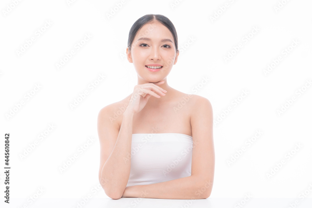Beautiful young Asian woman with clean skin , Fresh skin , on white background - Facial treatment , Cosmetology , beauty and spa concept Beautiful young Asian woman with clean skin , Fresh skin , on white background - Facial treatment , Cosmetology , beauty and spa concept