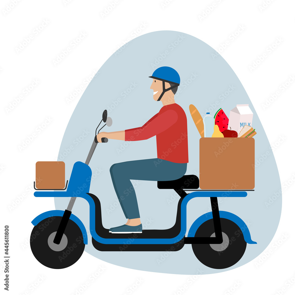Man riding electric bike scooter with boxes. Man wearing helmet. Urban vehicle, city eco friendly transportation. Food Delivery service.