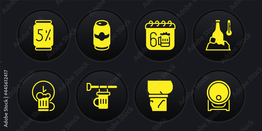 Set Happy hour, Cold beer bottle, Signboard with glass of, Beer belly, Saint Patricks day calendar, can, Wooden barrel on rack and icon. Vector Set Happy hour, Cold beer bottle, Signboard with glass of, Beer belly, Saint Patricks day calendar, can, Wooden barrel on rack and icon. Vector