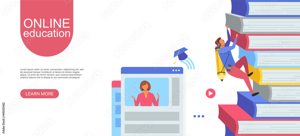Web banner for online school, education. The concept of obtaining knowledge through the Internet and books. Vector flat style illustration for web design and print materials. Web banner for online school, education. The concept of obtaining knowledge through the Internet and books. Vector flat style illustration for web design and print materials.