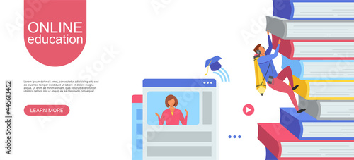 Web banner for online school, education. The concept of obtaining knowledge through the Internet and books. Vector flat style illustration for web design and print materials.
